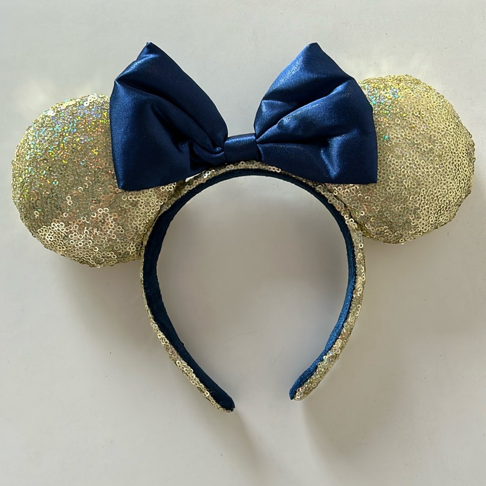 Disney Yellow Sequin Minnie Mouse Ears With Blue Satin Bow